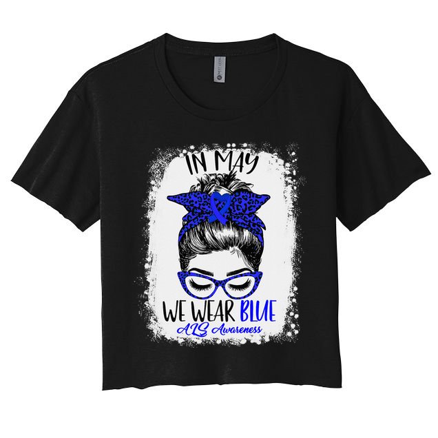 Bleached Leopard Messy Bun In May We Wear Blue ALS Awareness Women's Crop Top Tee