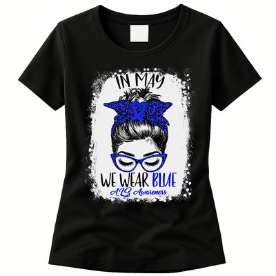 Bleached Leopard Messy Bun In May We Wear Blue ALS Awareness Womens T-Shirt