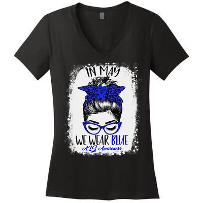 Bleached Leopard Messy Bun In May We Wear Blue ALS Awareness Women's V-Neck T-Shirt