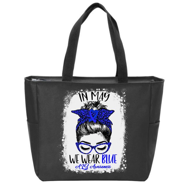 Bleached Leopard Messy Bun In May We Wear Blue ALS Awareness Zip Tote Bag