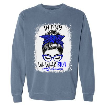 Bleached Leopard Messy Bun In May We Wear Blue ALS Awareness Garment-Dyed Sweatshirt