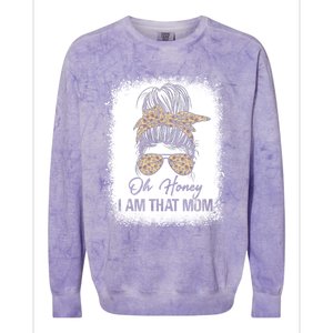 Bleached Leopard Messy Bun Oh Honey I Am That Mom Fumny Great Gift Colorblast Crewneck Sweatshirt