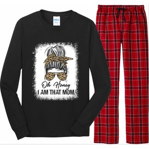 Bleached Leopard Messy Bun Oh Honey I Am That Mom Fumny Great Gift Long Sleeve Pajama Set