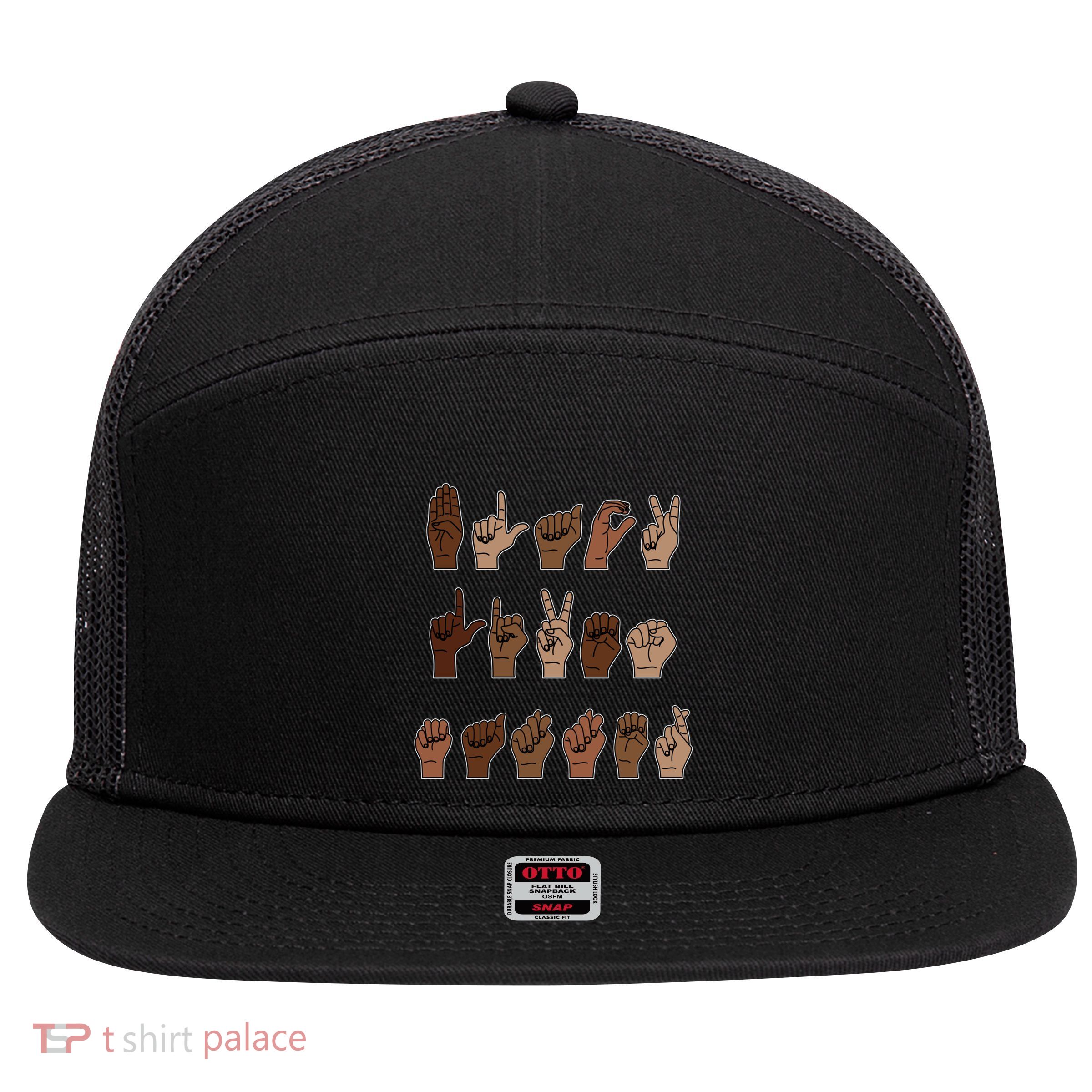 Black Lives Matter Asl Sign Language Hand Signs Deaf And Mute Meaningful Gift 7 Panel Mesh Trucker Snapback Hat