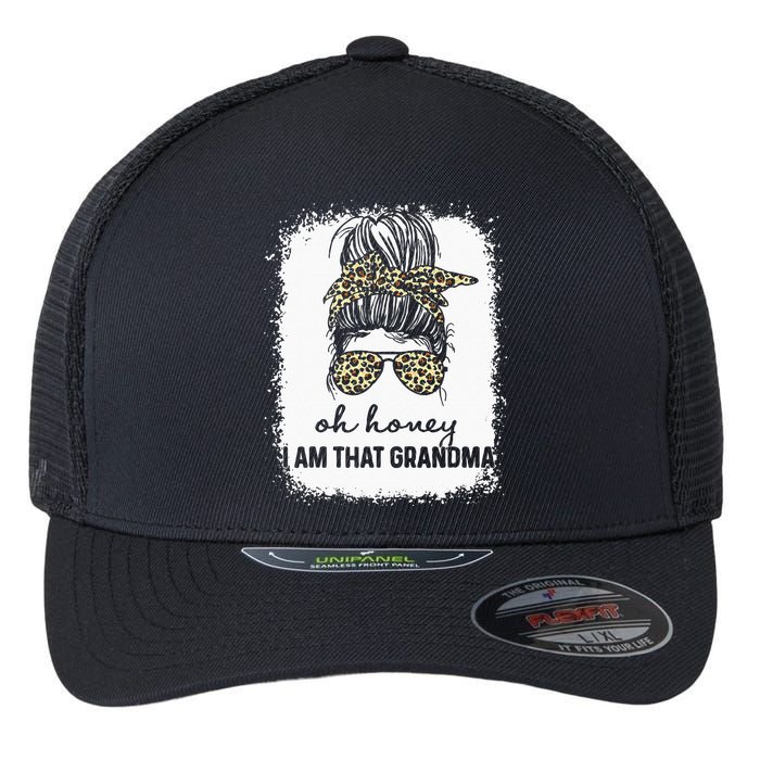 Bleached Leopard Messy Bun Oh Honey I Am That Grandma Funny Flexfit Unipanel Trucker Cap