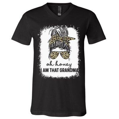 Bleached Leopard Messy Bun Oh Honey I Am That Grandma Funny V-Neck T-Shirt