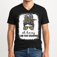 Bleached Leopard Messy Bun Oh Honey I Am That Grandma Funny V-Neck T-Shirt