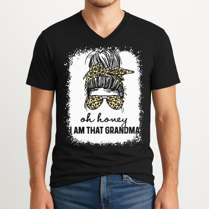 Bleached Leopard Messy Bun Oh Honey I Am That Grandma Funny V-Neck T-Shirt