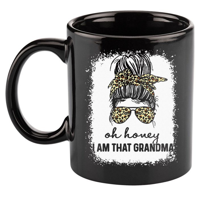 Bleached Leopard Messy Bun Oh Honey I Am That Grandma Funny 11oz C Handle Ceramic Mug