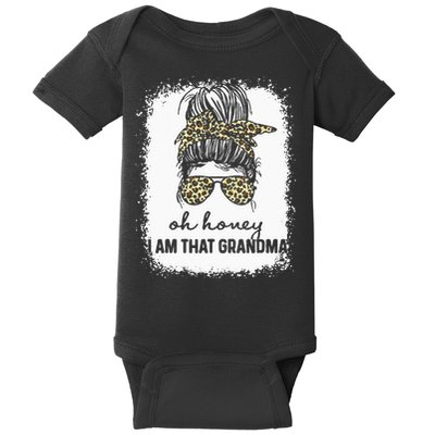 Bleached Leopard Messy Bun Oh Honey I Am That Grandma Funny Baby Bodysuit