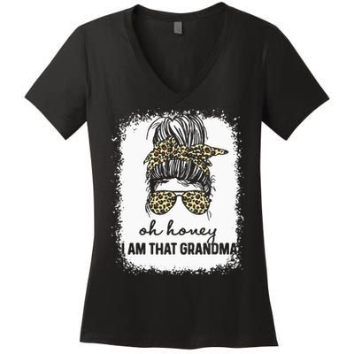 Bleached Leopard Messy Bun Oh Honey I Am That Grandma Funny Women's V-Neck T-Shirt