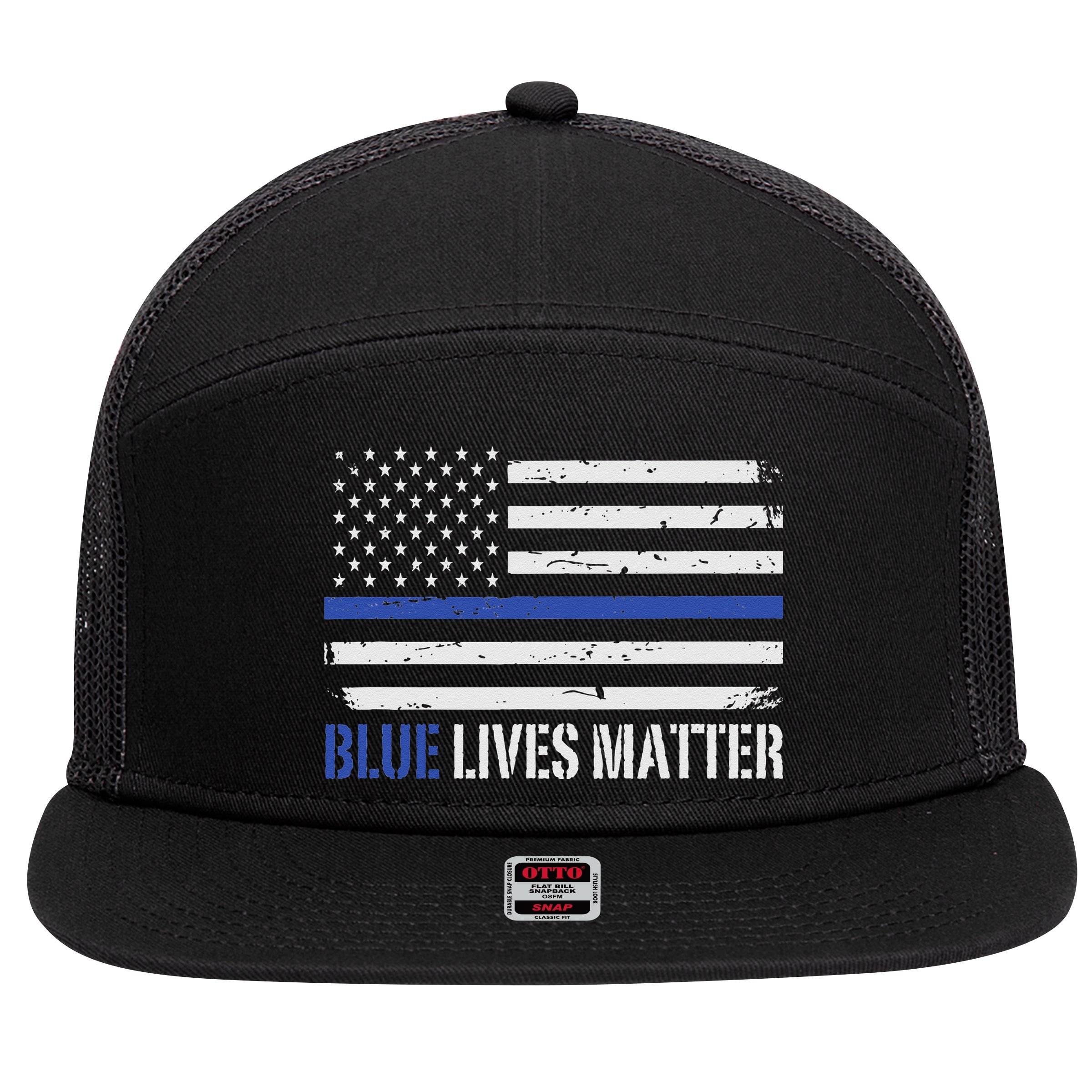 Blue Lives Matter Thin Blue Line American Flag Cop 7 Panel Mesh Trucker Snapback Hat
