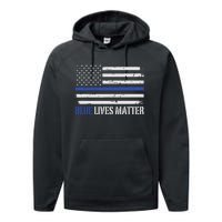 Blue Lives Matter Thin Blue Line American Flag Cop Performance Fleece Hoodie