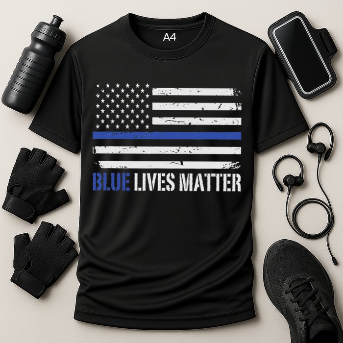 Blue Lives Matter Thin Blue Line American Flag Cop Cooling Performance Crew T-Shirt