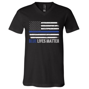 Blue Lives Matter Thin Blue Line American Flag Cop V-Neck T-Shirt