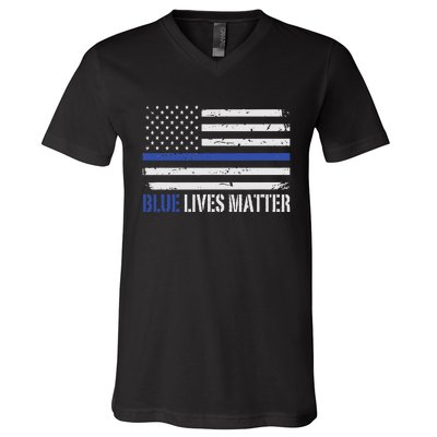 Blue Lives Matter Thin Blue Line American Flag Cop V-Neck T-Shirt