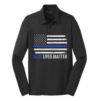 Blue Lives Matter Thin Blue Line American Flag Cop Silk Touch Performance Long Sleeve Polo