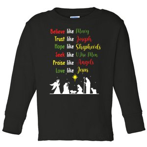 Believe Like Mary Trust Like Joseph Nativity Scene Christian Toddler Long Sleeve Shirt