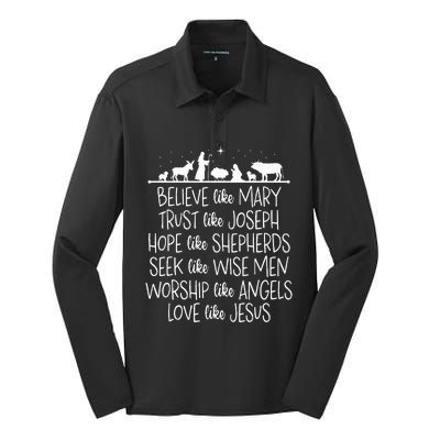 Believe Like Mary Trust Like Joseph Praying Christmas Hopes  Silk Touch Performance Long Sleeve Polo