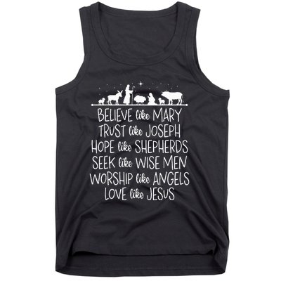 Believe Like Mary Trust Like Joseph Praying Christmas Hopes  Tank Top