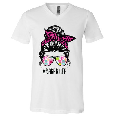 Baker Life Messy Bun Hair Baking Pink Pastry Baker Chef V-Neck T-Shirt