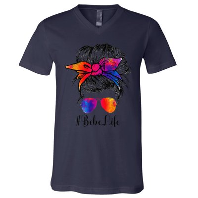 Bebe Life Messy Hair Bun Floral Women Mother's Day V-Neck T-Shirt