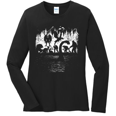 Bigfoot Loch Ness Monster Mothman Chupacabra Aliens Cryptid Ladies Long Sleeve Shirt