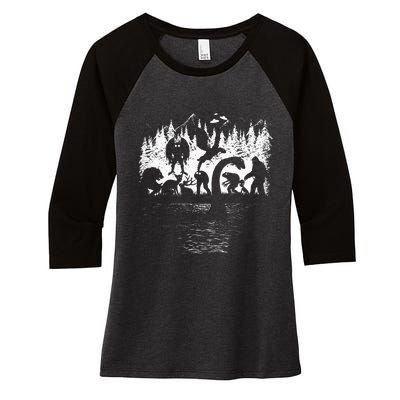 Bigfoot Loch Ness Monster Mothman Chupacabra Aliens Cryptid Women's Tri-Blend 3/4-Sleeve Raglan Shirt