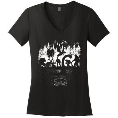 Bigfoot Loch Ness Monster Mothman Chupacabra Aliens Cryptid Women's V-Neck T-Shirt