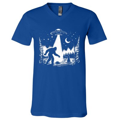 Bigfoot Loch Ness Monster & Ufo Alien Spaceship V-Neck T-Shirt