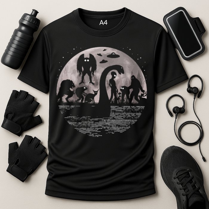 Bigfoot Loch Ness Monster Mothman And Aliens! Funny Cryptid Cooling Performance Crew T-Shirt