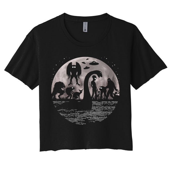 Bigfoot Loch Ness Monster Mothman And Aliens! Funny Cryptid Women's Crop Top Tee