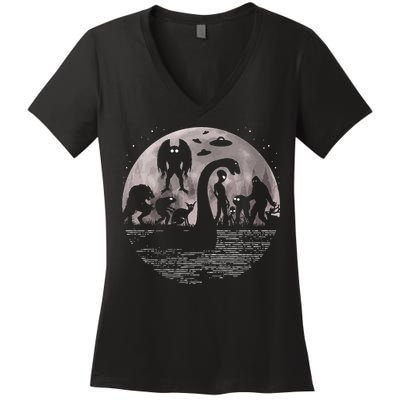 Bigfoot Loch Ness Monster Mothman And Aliens! Funny Cryptid Women's V-Neck T-Shirt