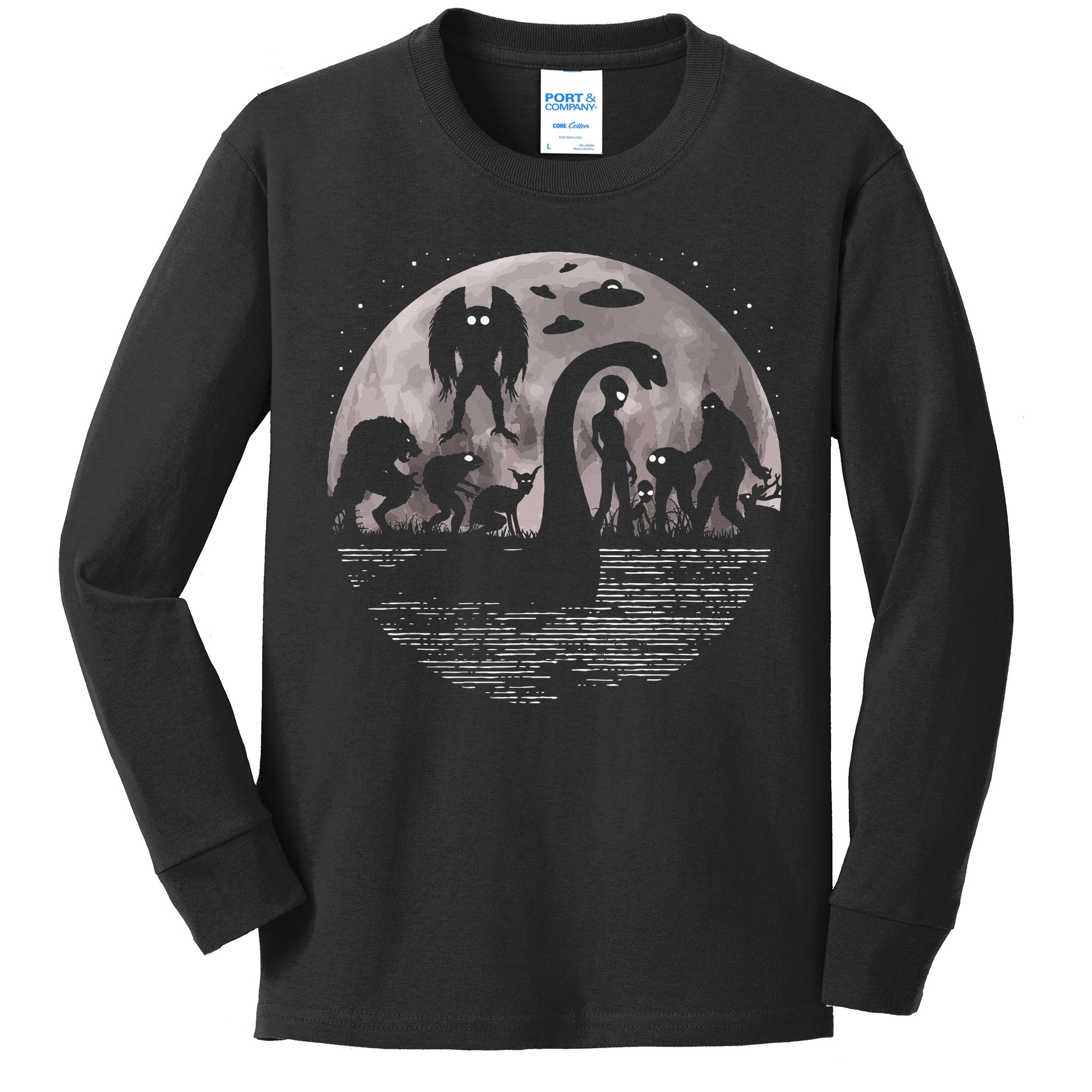 Bigfoot Loch Ness Monster Mothman And Aliens! Funny Cryptid Kids Long Sleeve Shirt
