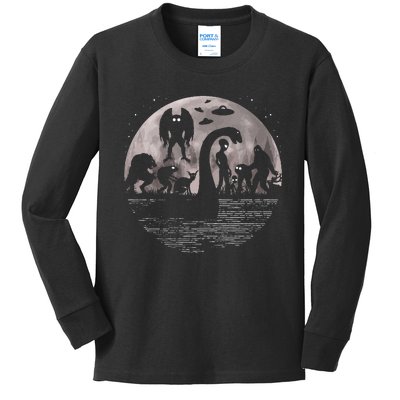 Bigfoot Loch Ness Monster Mothman And Aliens! Funny Cryptid Kids Long Sleeve Shirt