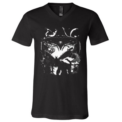 Bigfoot Loch Ness Monster Mothman Wendigo Alien Cryptid V-Neck T-Shirt