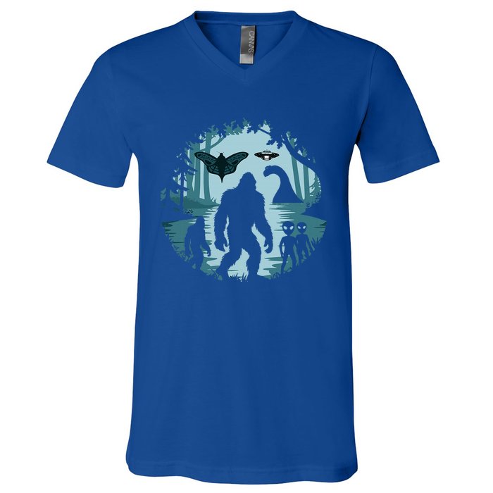 Bigfoot Loch Ness Monster Ufo And Aliens! V-Neck T-Shirt