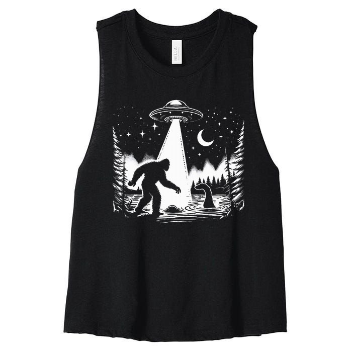 Bigfoot Loch Ness Monster & Ufo Alien Spaceship Women's Racerback Cropped Tank