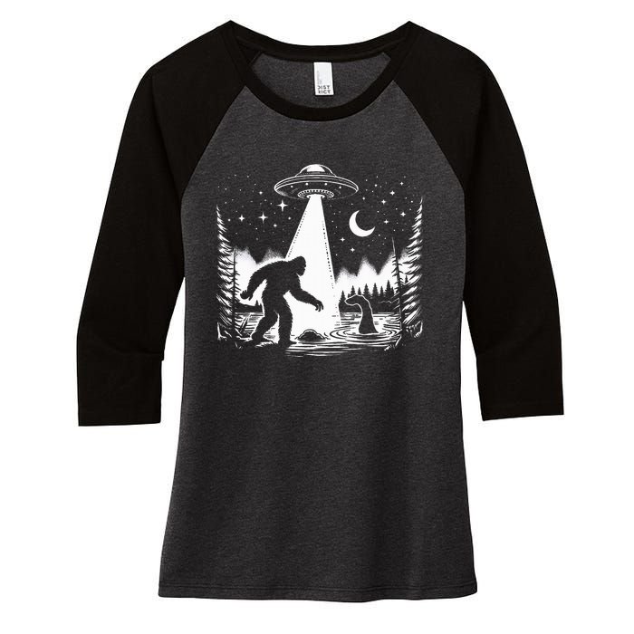 Bigfoot Loch Ness Monster & Ufo Alien Spaceship Women's Tri-Blend 3/4-Sleeve Raglan Shirt