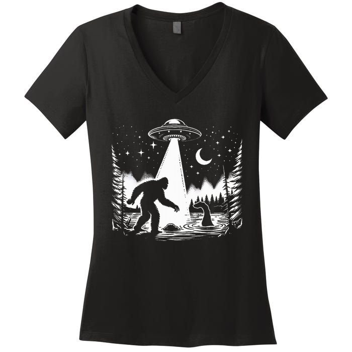 Bigfoot Loch Ness Monster & Ufo Alien Spaceship Women's V-Neck T-Shirt