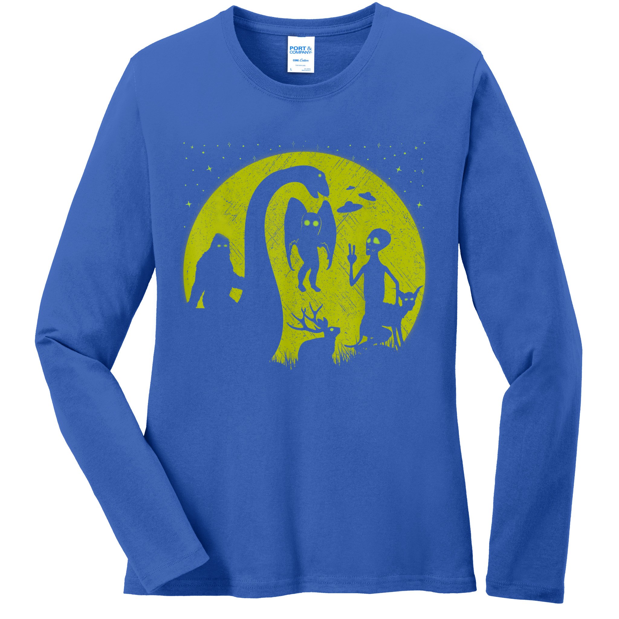 Bigfoot Loch Ness Monster And Mothman Ufos Chupacabra Alien Ladies Long Sleeve Shirt