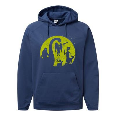 Bigfoot Loch Ness Monster And Mothman Ufos Chupacabra Alien Performance Fleece Hoodie