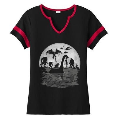 Bigfoot Loch Ness Monster Mothman And Aliens Funny Cryptid Ladies Halftime Notch Neck Tee