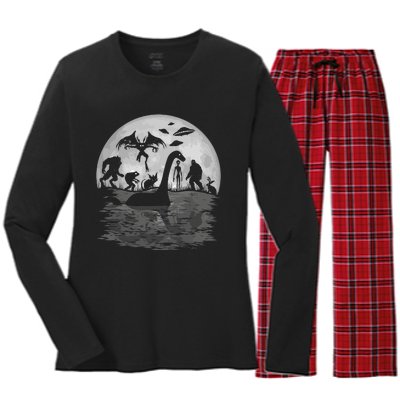 Bigfoot Loch Ness Monster Mothman And Aliens Funny Cryptid Women's Long Sleeve Flannel Pajama Set 