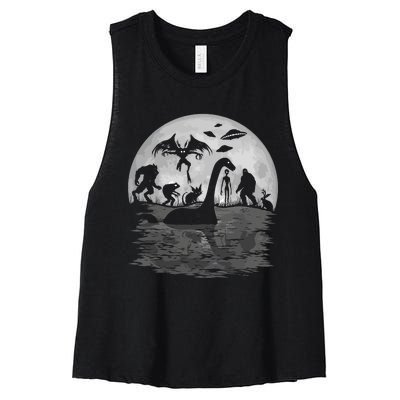 Bigfoot Loch Ness Monster Mothman And Aliens Funny Cryptid Women's Racerback Cropped Tank