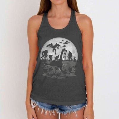 Bigfoot Loch Ness Monster Mothman And Aliens Funny Cryptid Women's Knotted Racerback Tank