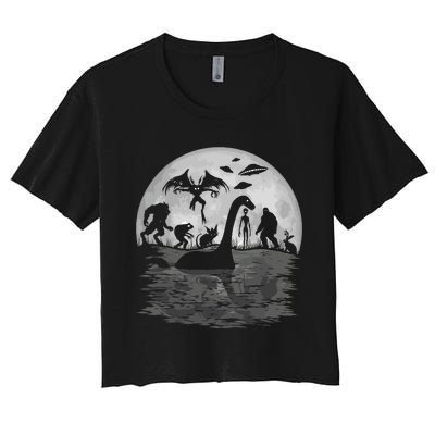 Bigfoot Loch Ness Monster Mothman And Aliens Funny Cryptid Women's Crop Top Tee