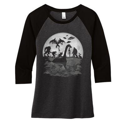 Bigfoot Loch Ness Monster Mothman And Aliens Funny Cryptid Women's Tri-Blend 3/4-Sleeve Raglan Shirt