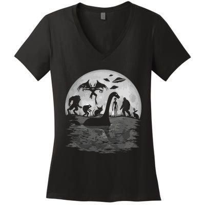 Bigfoot Loch Ness Monster Mothman And Aliens Funny Cryptid Women's V-Neck T-Shirt