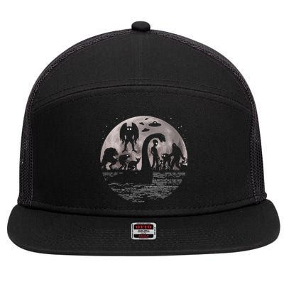 Bigfoot Loch Ness Monster Mothman And Aliens! Funny Cryptid 7 Panel Mesh Trucker Snapback Hat